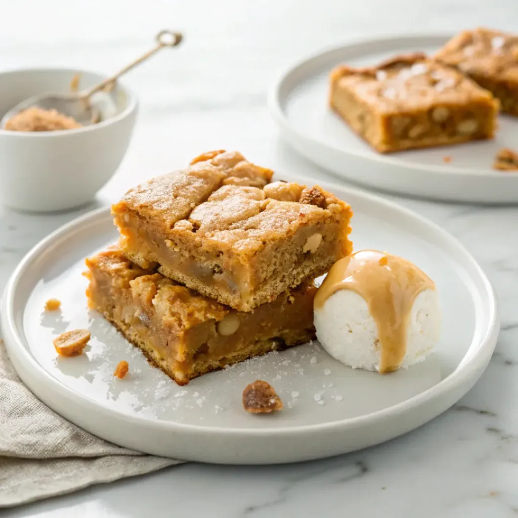 Salted butterscotch blondies served with vanilla ice cream, caramel sauce, butterscotch pieces, and flaky sea salt.