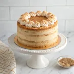 Moist snickerdoodle cake with cinnamon sugar topping and creamy vanilla frosting on a white cake stand.