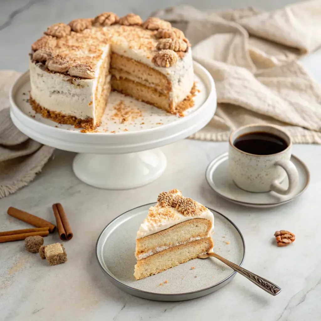 Snickerdoodle Cake - Moist Cinnamon Swirl Bakery Layer Cake 8 Slice of snickerdoodle cake with vanilla frosting, cinnamon sugar, snickerdoodle cookies, and coffee.
