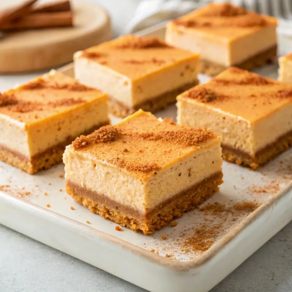 Home 7 Sweet potato cheesecake bars with a creamy spiced filling, buttery crust, and cinnamon topping.