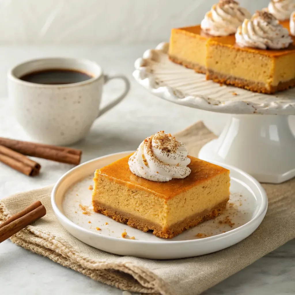 Sweet Potato Cheesecake Bars - Creamy Spiced Autumn Dessert Squares 8 Sweet potato cheesecake bar topped with whipped cream, cinnamon, pecans, and served with coffee.