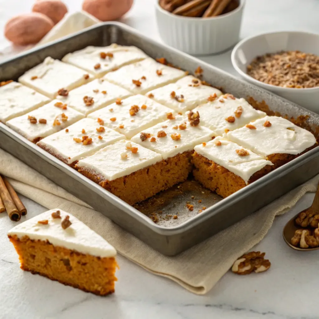 Home 7 Homemade sweet potato sheet cake with creamy vanilla frosting and chopped pecans on a serving platter.
