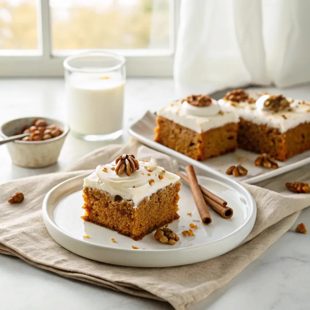 Sweet potato sheet cake served with vanilla ice cream, pecans, and cinnamon.