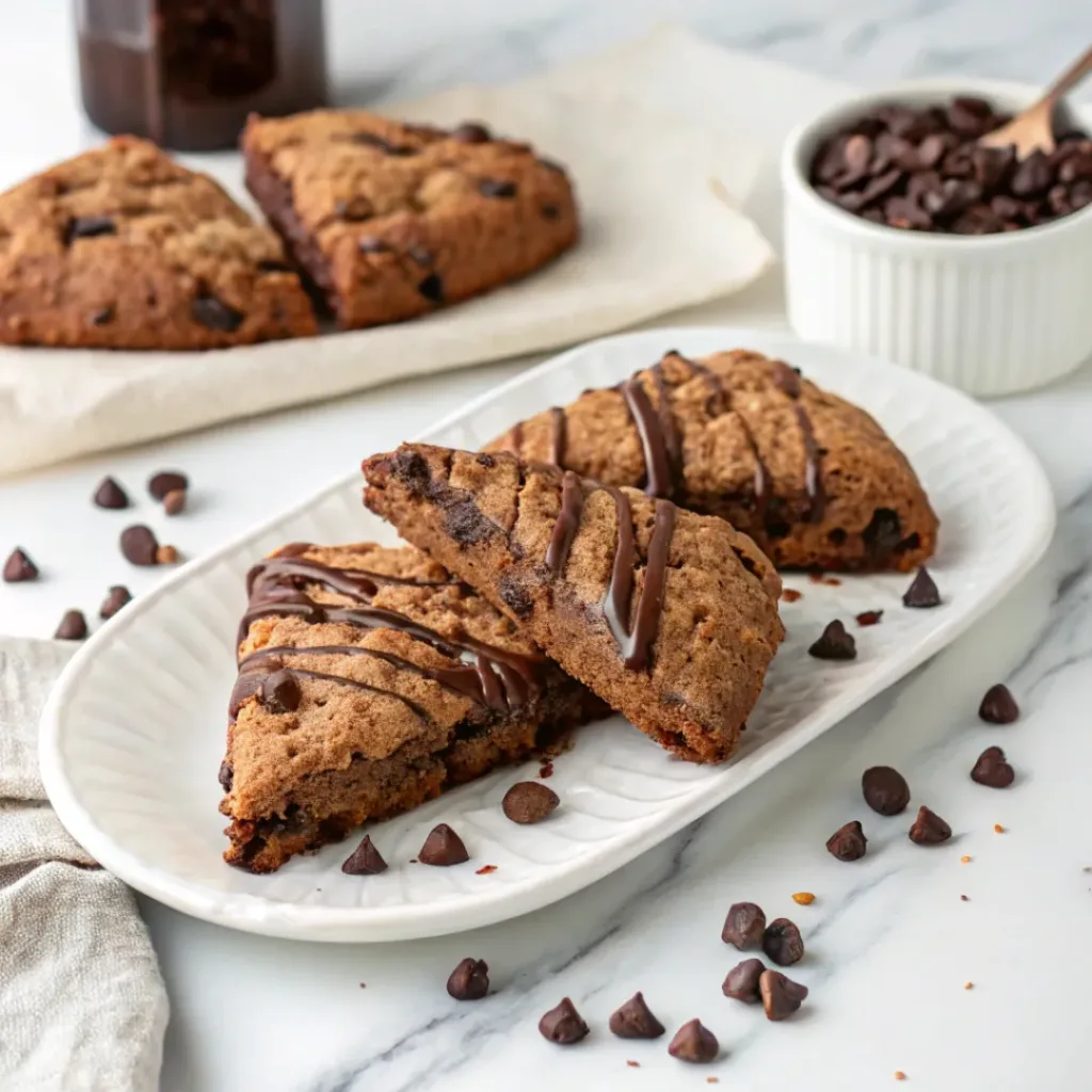 Home 6 Triple chocolate scones with cocoa, chocolate chips, and chocolate drizzle, baked golden and tender.