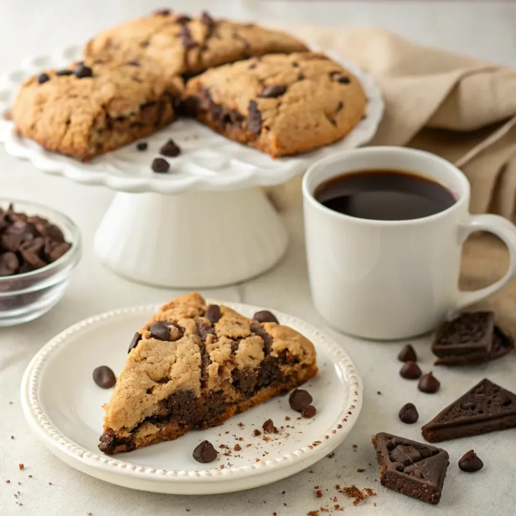 Triple chocolate scones with chocolate chips and drizzle served alongside a warm cup of coffee.